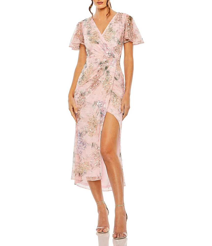 Mac Duggal V-neck Short Flutter Sleeve Sequined Printed Mesh Faux Wrap Dress