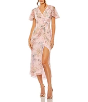 Mac Duggal V-neck Short Flutter Sleeve Sequined Printed Mesh Faux Wrap Dress