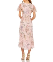 Mac Duggal V-neck Short Flutter Sleeve Sequined Printed Mesh Faux Wrap Dress
