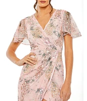 Mac Duggal V-neck Short Flutter Sleeve Sequined Printed Mesh Faux Wrap Dress