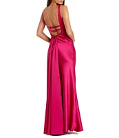 Mac Duggal V-Neck Sleeveless Bow Trim Satin Sheath Gown