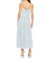Mac Duggal V-Neck Sleeveless Floral Embroidered Ruffled A-Line Maxi Dress