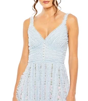 Mac Duggal V-Neck Sleeveless Floral Embroidered Ruffled A-Line Maxi Dress
