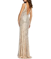 Mac Duggal Surplice V-Neck Sleeveless Fully Sequined Thigh High Slit Low Back Detail Faux Wrap Gown