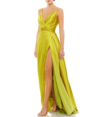 Mac Duggal V-Neck Sleeveless Thigh High Slit Faux Wrap Ruched Waist Gown