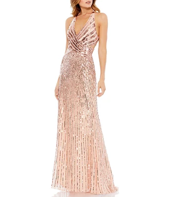 Mac Duggal V-Neck Sleeveless Lace Back Sequin A-Line Gown