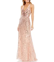 Mac Duggal V-Neck Sleeveless Lace Back Sequin A-Line Gown