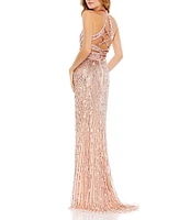 Mac Duggal V-Neck Sleeveless Lace Back Sequin A-Line Gown