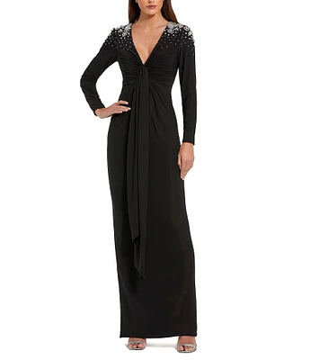 Mac Duggal V-Neck Twist Front Beaded Shoulder Jersey Gown