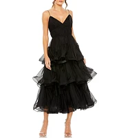 Mac Duggal V Neckline Spaghetti Strap Tiered Dress