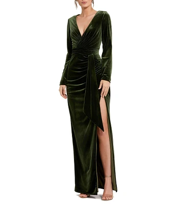 Mac Duggal Velvet Deep V-Neck Long Sleeve Draped Sheath Dress