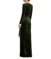 Mac Duggal Velvet Deep V-Neck Long Sleeve Draped Sheath Dress