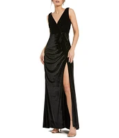 Mac Duggal Velvet Deep V-Neck Sleeveless High Slit Draped Sheath Dress