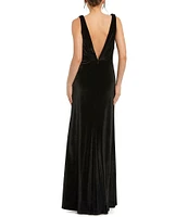 Mac Duggal Velvet Deep V-Neck Sleeveless High Slit Draped Sheath Dress