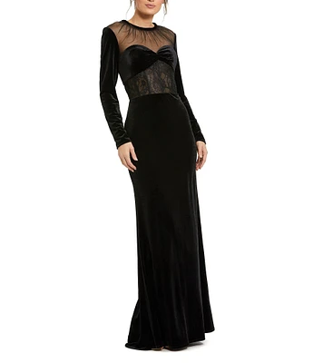 Mac Duggal Velvet Illusion Crew Neck Long Sleeve Lace Bustier Bodice Gown