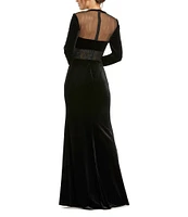 Mac Duggal Velvet Illusion Crew Neck Long Sleeve Lace Bustier Bodice Gown