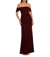 Mac Duggal Velvet Off-The-Shoulder Cap Sleeve Bustier Sheath Gown