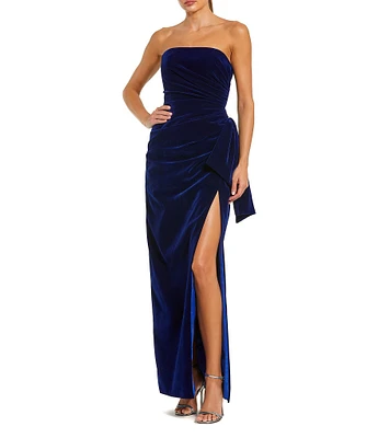 Mac Duggal Velvet Strapless Neck Sleeveless Faux Wrap Drape Side Side Slit Gown