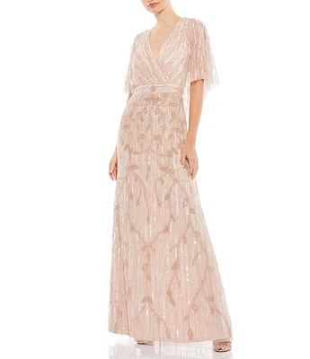 Mac Duggal V-Neck Capelete Sleeve Beaded A-Line Gown