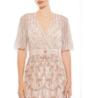 Mac Duggal V-Neck Capelete Sleeve Beaded A-Line Gown