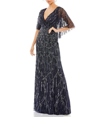 Mac Duggal Vneck Capelete Sleeve Beaded Aline Gown