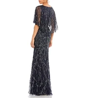 Mac Duggal Vneck Capelete Sleeve Beaded Aline Gown