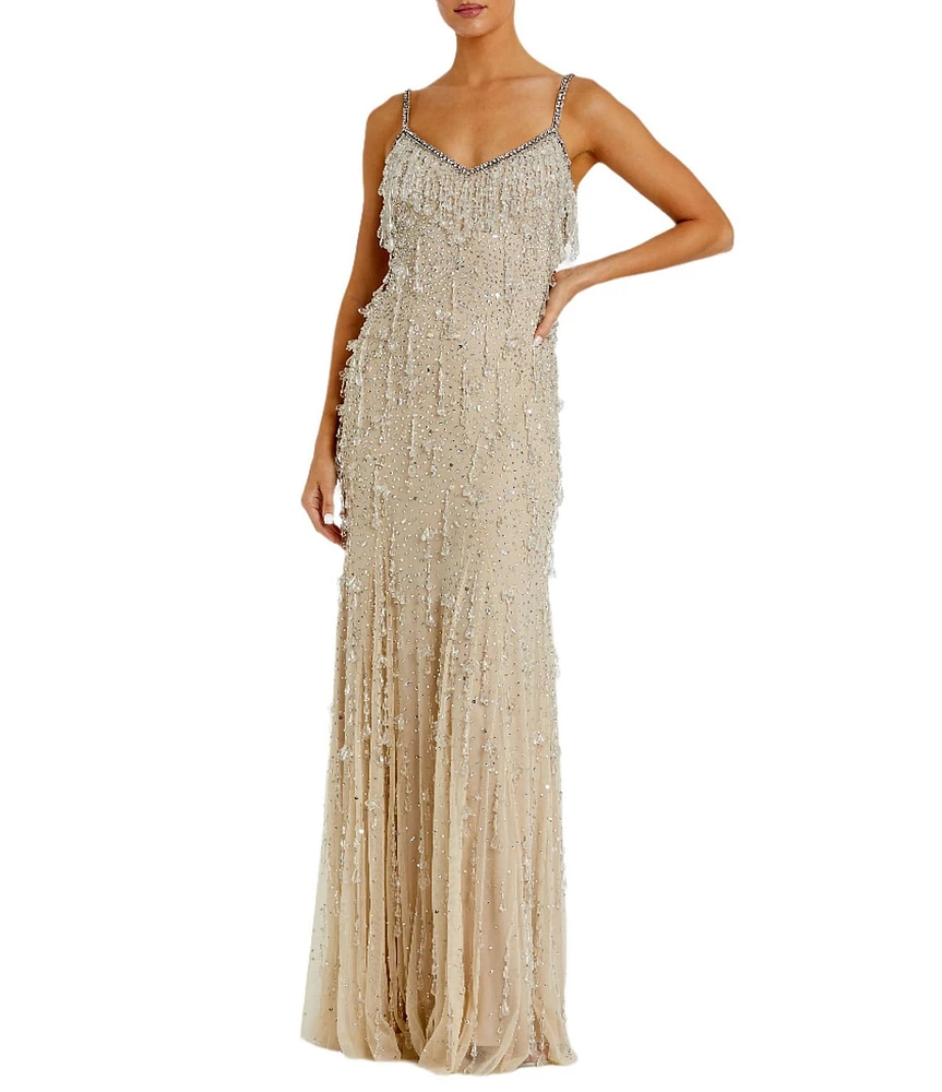 Mac Duggal Vneck Embellished Mesh Fringe Column Gown