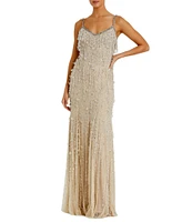 Mac Duggal Vneck Embellished Mesh Fringe Column Gown