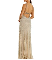 Mac Duggal Vneck Embellished Mesh Fringe Column Gown