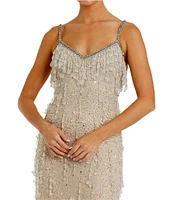 Mac Duggal Vneck Embellished Mesh Fringe Column Gown