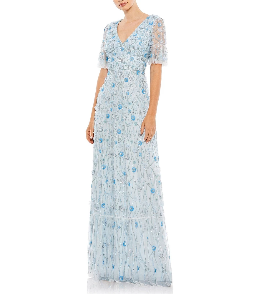 Mac Duggal V-Neck Neck Flutter Sleeve Embellished Mesh Column Gown
