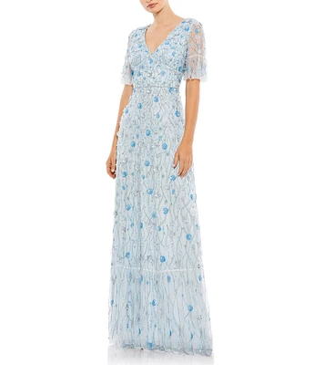 Mac Duggal V-Neck Neck Flutter Sleeve Embellished Mesh Column Gown