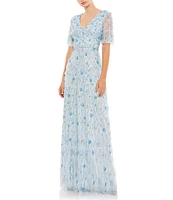 Mac Duggal V-Neck Neck Flutter Sleeve Embellished Mesh Column Gown