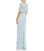 Mac Duggal V-Neck Neck Flutter Sleeve Embellished Mesh Column Gown