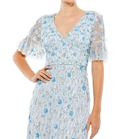Mac Duggal V-Neck Neck Flutter Sleeve Embellished Mesh Column Gown