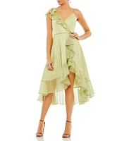 Mac Duggal Vneck Ruffled Faux Wrap Hi Low Midi Dress