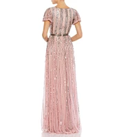 Mac Duggal Vneck Short Flutter Sleeve Stripe Sequin Aline Gown