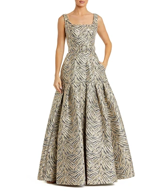 Mac Duggal Zebra Print Brocade Jacquard Square Neck Sleeveless Belted Ball Gown
