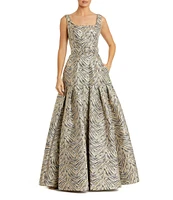 Mac Duggal Zebra Print Brocade Jacquard Square Neck Sleeveless Belted Ball Gown