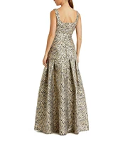 Mac Duggal Zebra Print Brocade Jacquard Square Neck Sleeveless Belted Ball Gown