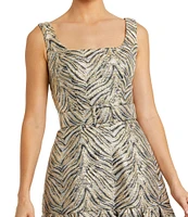 Mac Duggal Zebra Print Brocade Jacquard Square Neck Sleeveless Belted Ball Gown
