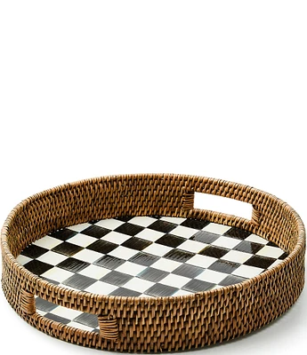 MacKenzie-Childs Check Enamel & Rattan Round Serving Tray