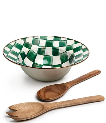 MacKenzie-Childs Check Enamel Salad Serving Bowl & Wood Server Set