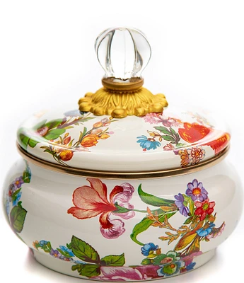 MacKenzie-Childs White Floral Market Enamel Squashed Pot Canister