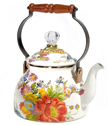 MacKenzie-Childs White Flower Market Enamel -Quart Tea Kettle