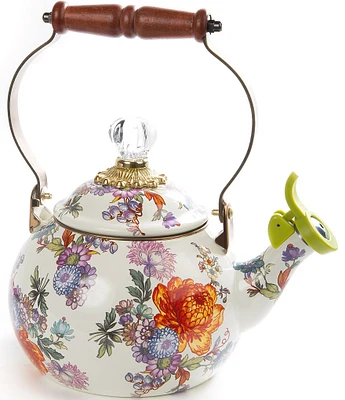 MacKenzie-Childs White Flower Market Enamel Whistling Tea Kettle