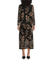 M Made in Italy Printed Mesh V-Neck Long Sleeve Midi Dress