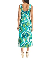 Maggy London Abstract Print V-Neck Sleeveless Linen Blend A-Line Midi Dress