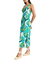 Maggy London Abstract Print V-Neck Sleeveless Linen Blend A-Line Midi Dress