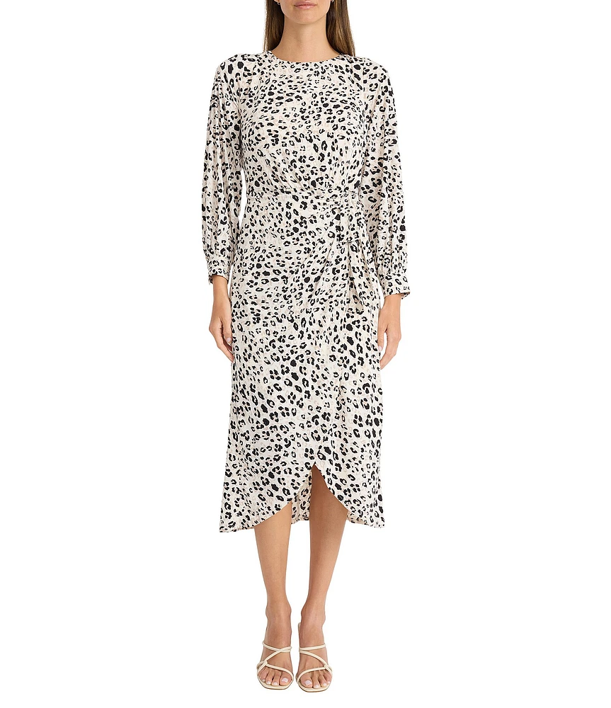 Maggy London Animal Print Crew Neck Long Sleeve Tie Front Tulip Hem Midi Dress